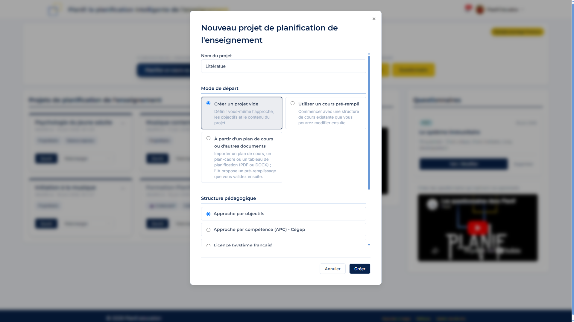 La création de projet de planif