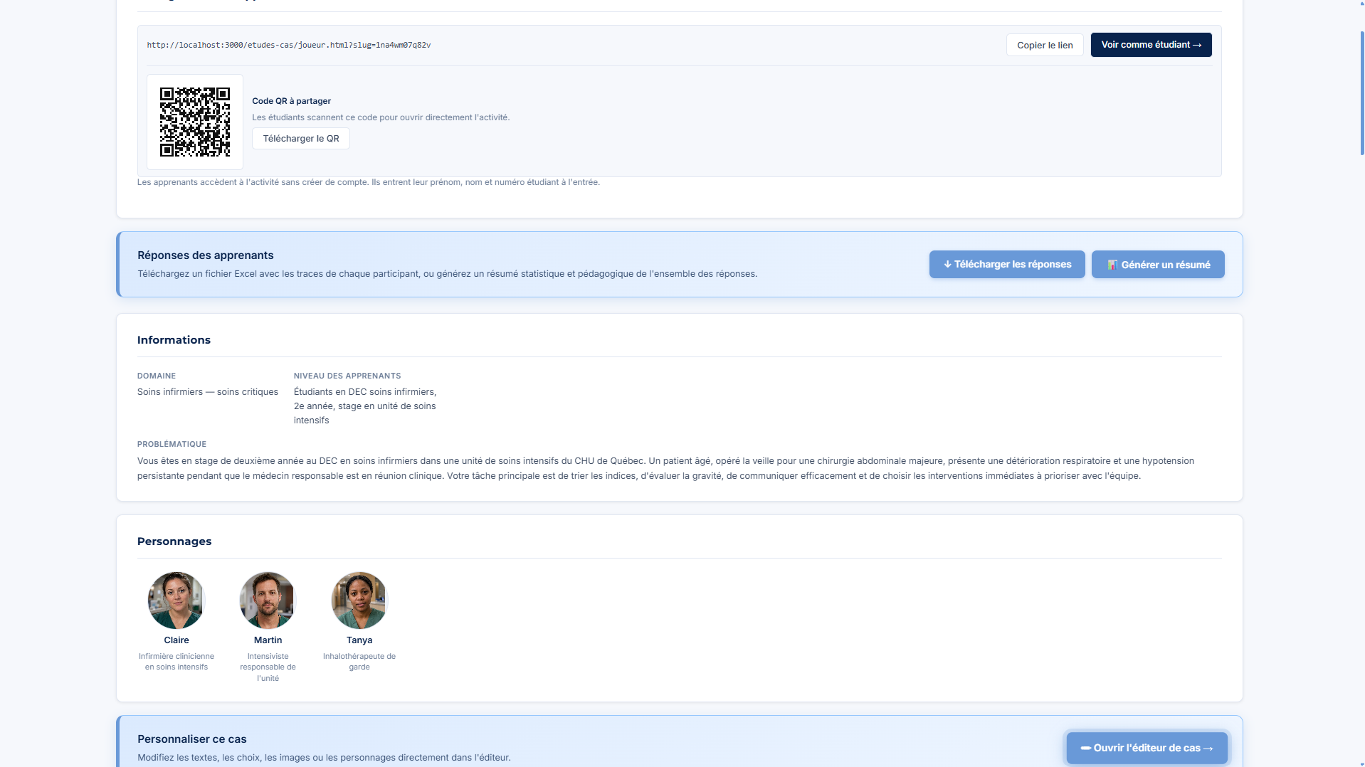 L'interface de gestion des études de cas