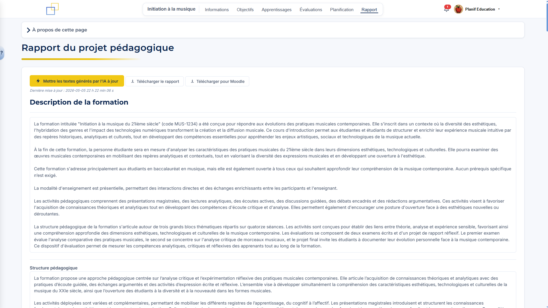 Le rapport de planification