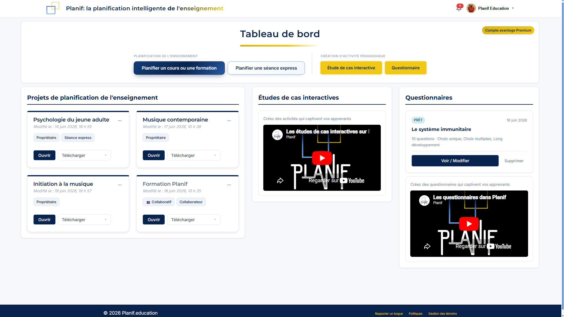 Le tableau de bord